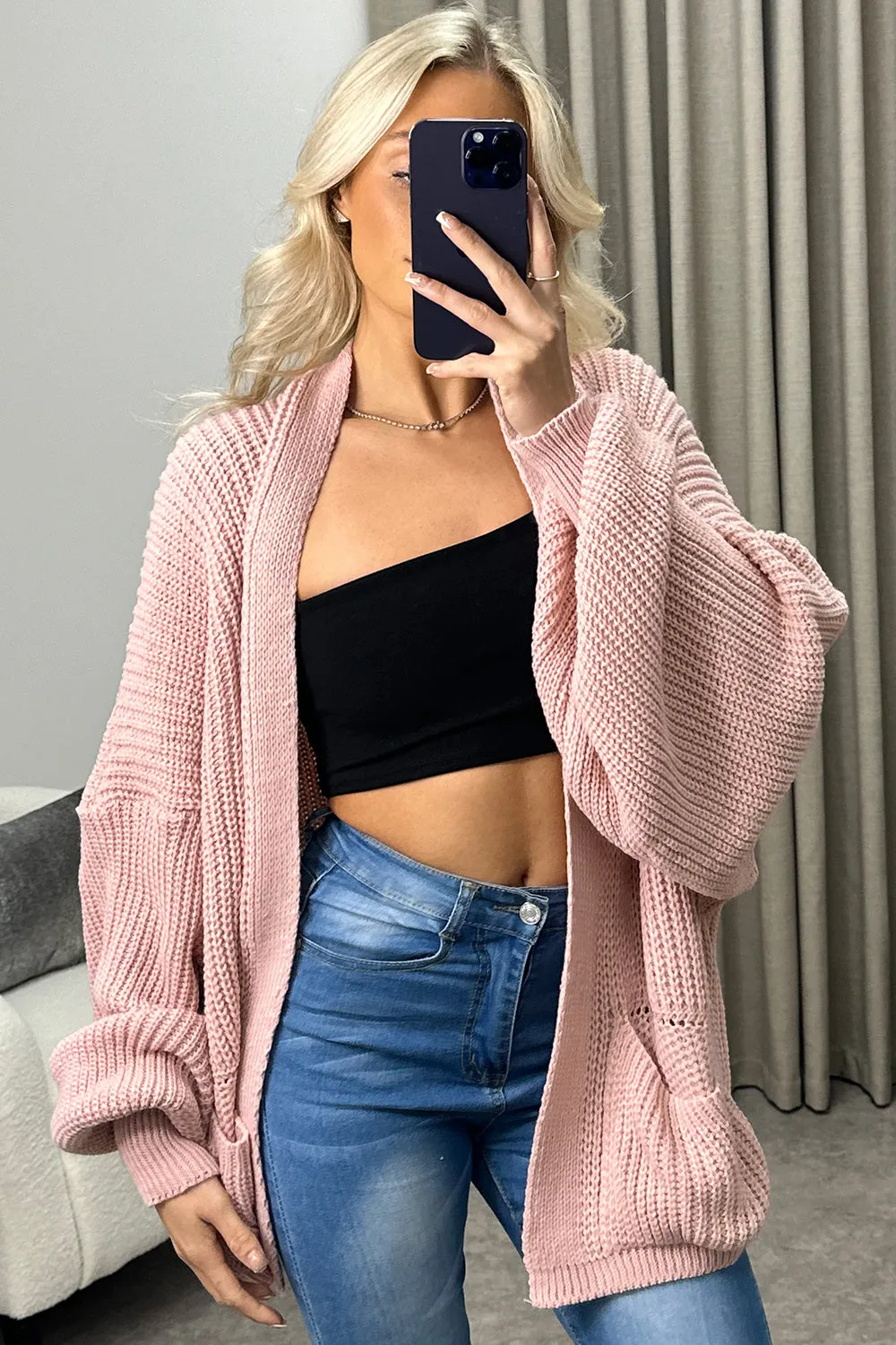 Lexa Pink Balloon Sleeve Knitted Cardigan