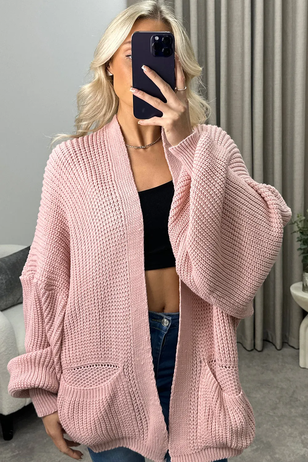 Lexa Pink Balloon Sleeve Knitted Cardigan