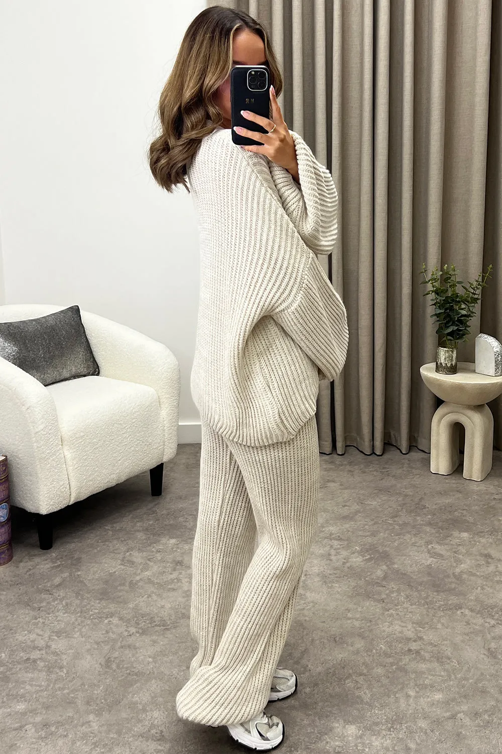 Mandi Beige Ribbed Knit Cardigan and Trousers Loungewear Set