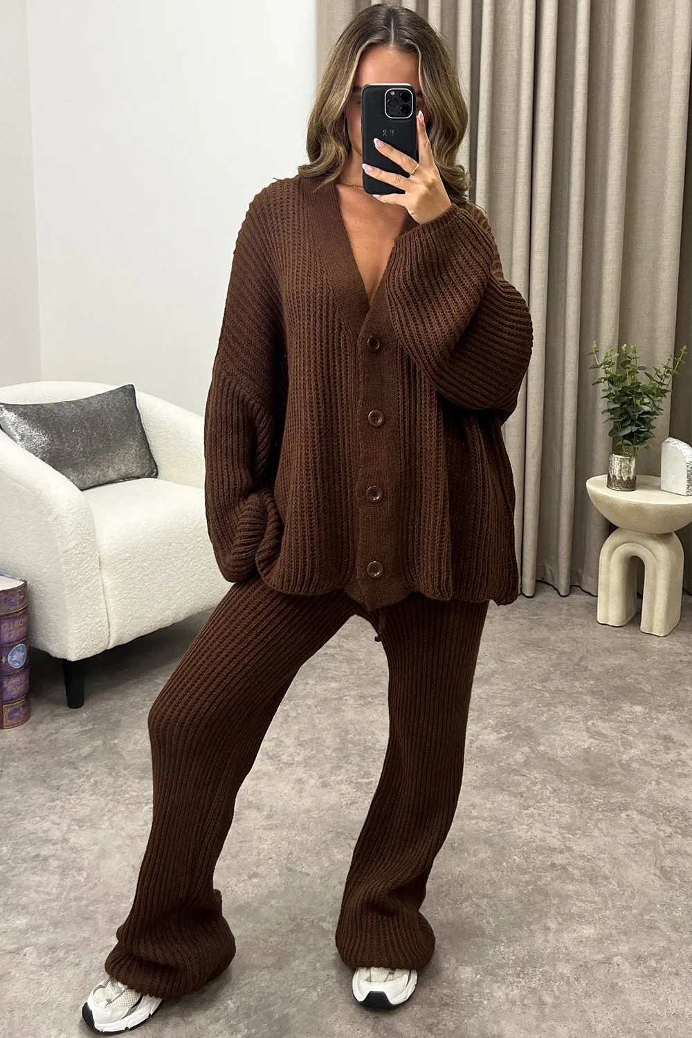 Mandi Brown Ribbed Knit Cardigan and Trousers Loungewear Set