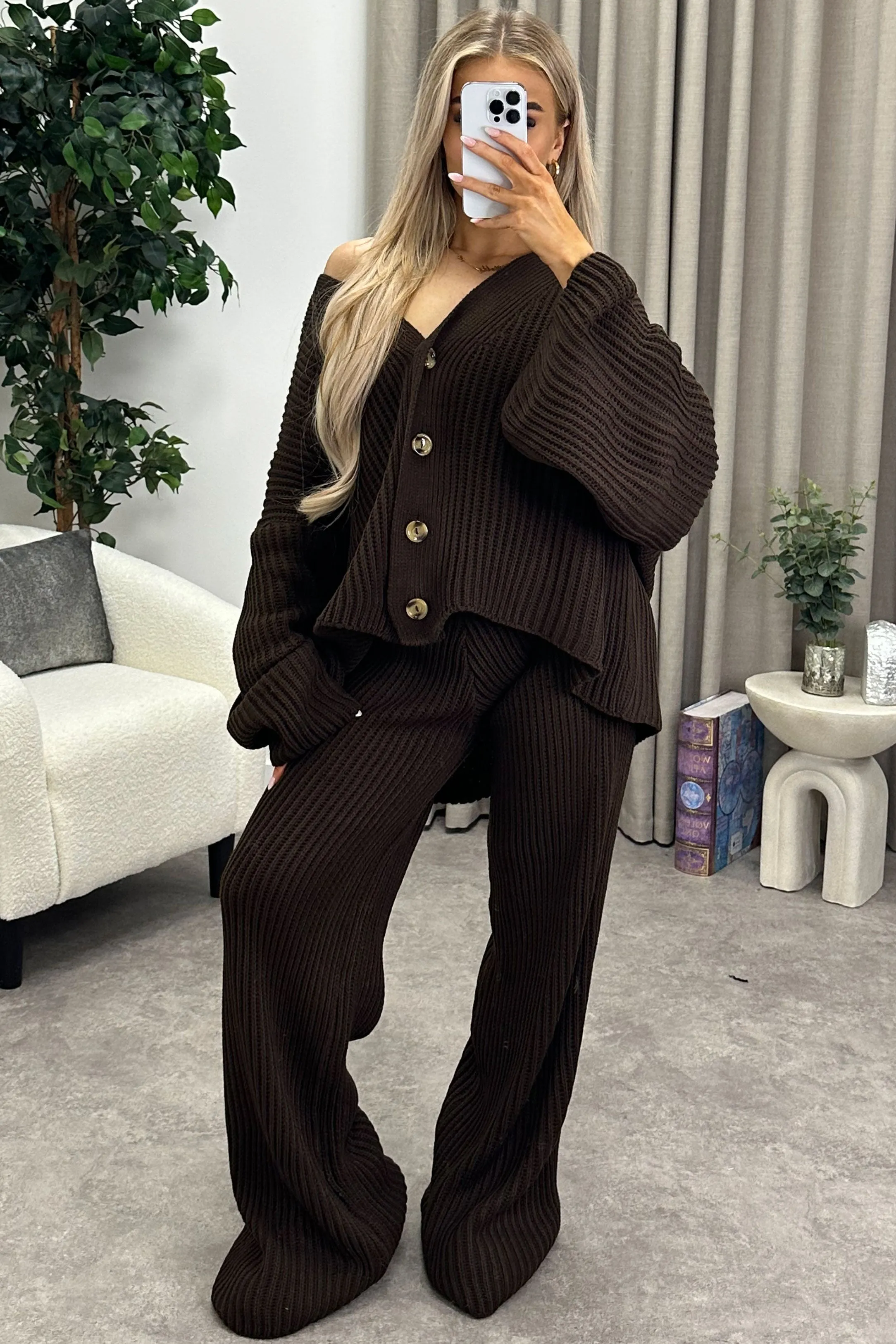 Mandi Brown Ribbed Knit Cardigan and Trousers Loungewear Set