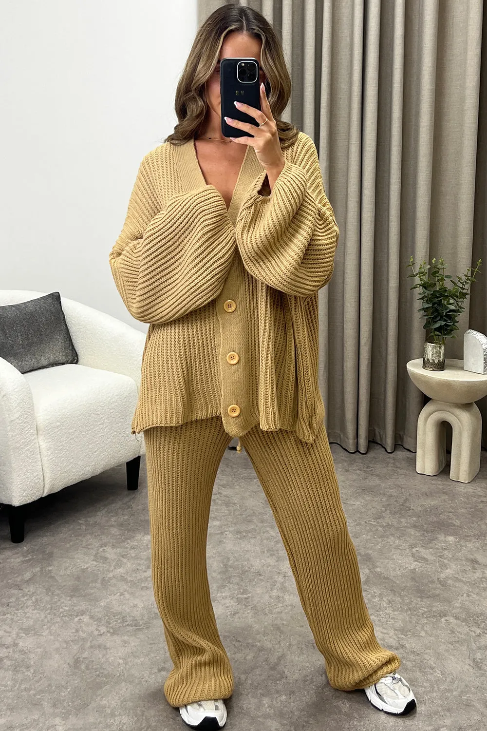 Mandi Dark Beige Ribbed Knit Cardigan and Trousers Loungewear Set