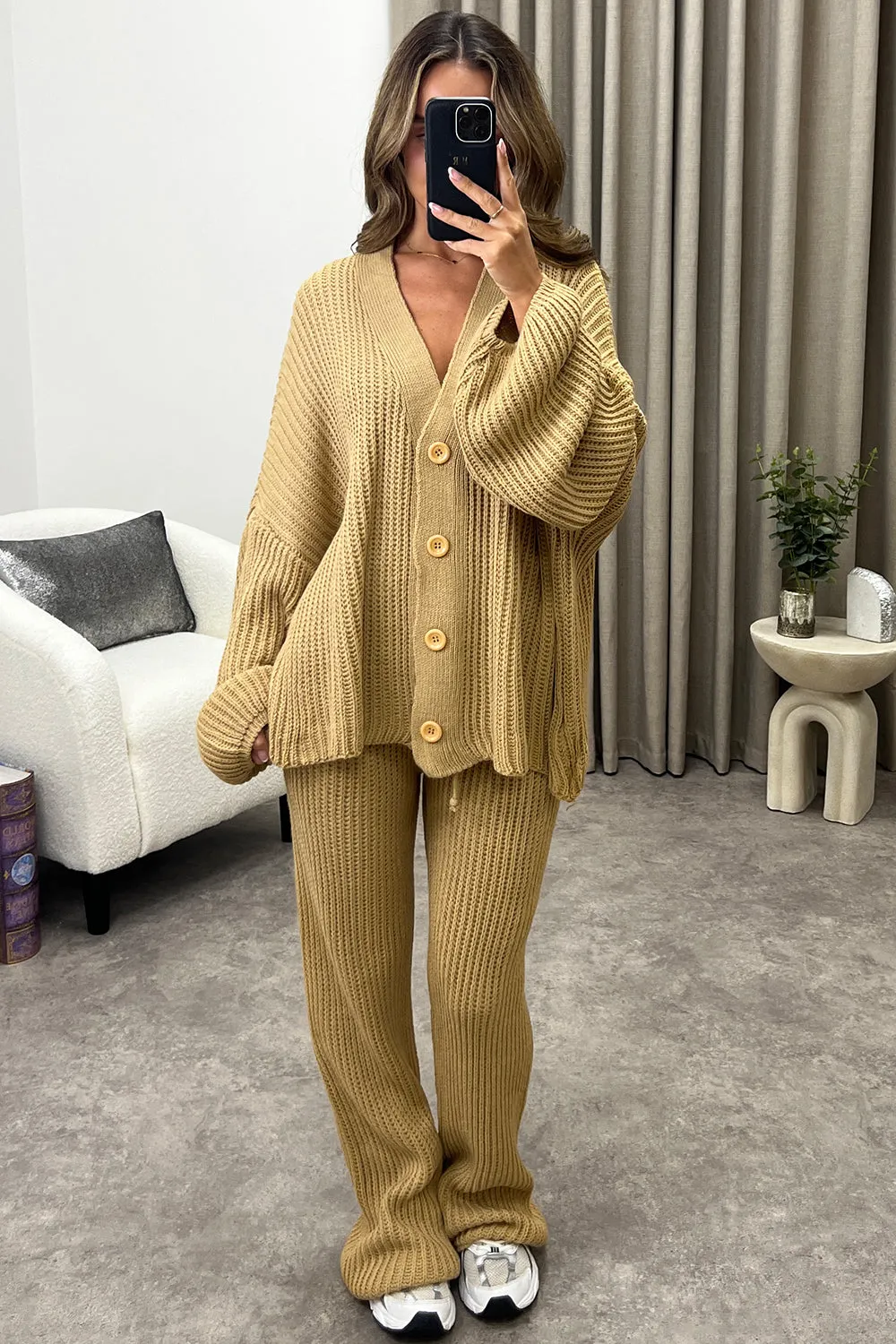 Mandi Dark Beige Ribbed Knit Cardigan and Trousers Loungewear Set