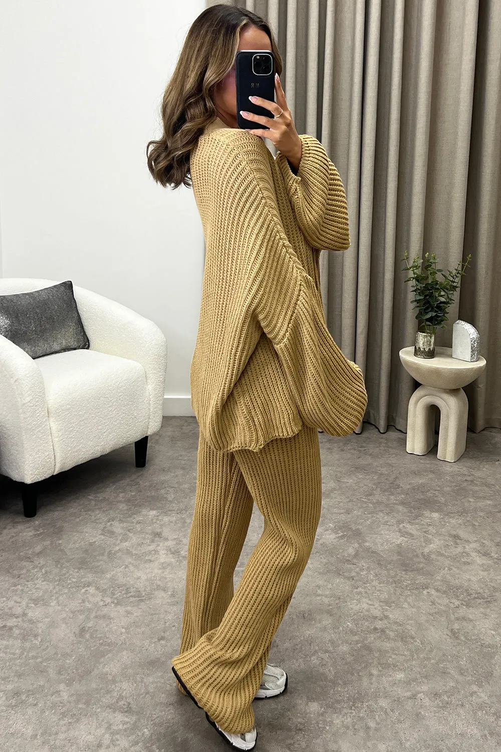 Mandi Dark Beige Ribbed Knit Cardigan and Trousers Loungewear Set