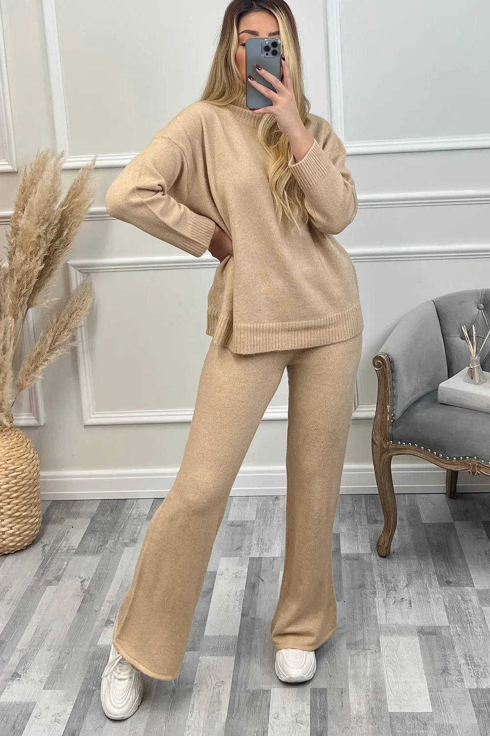 Mina Beige Roll Neck Jumper and Trouser Knitted Loungewear Set