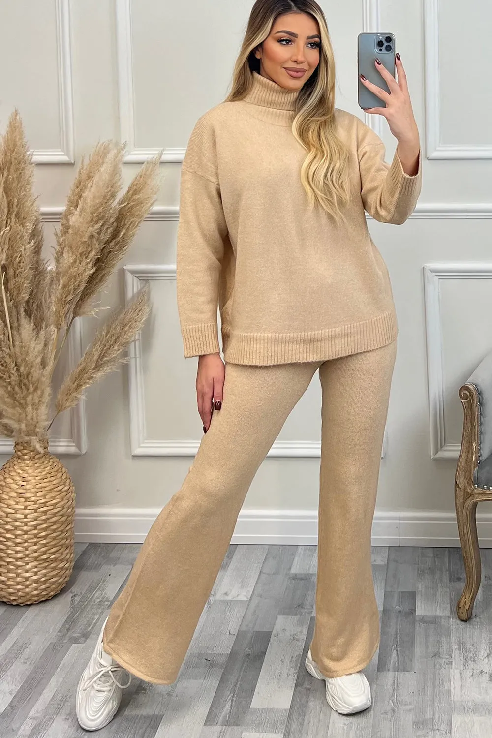 Mina Beige Roll Neck Jumper and Trouser Knitted Loungewear Set
