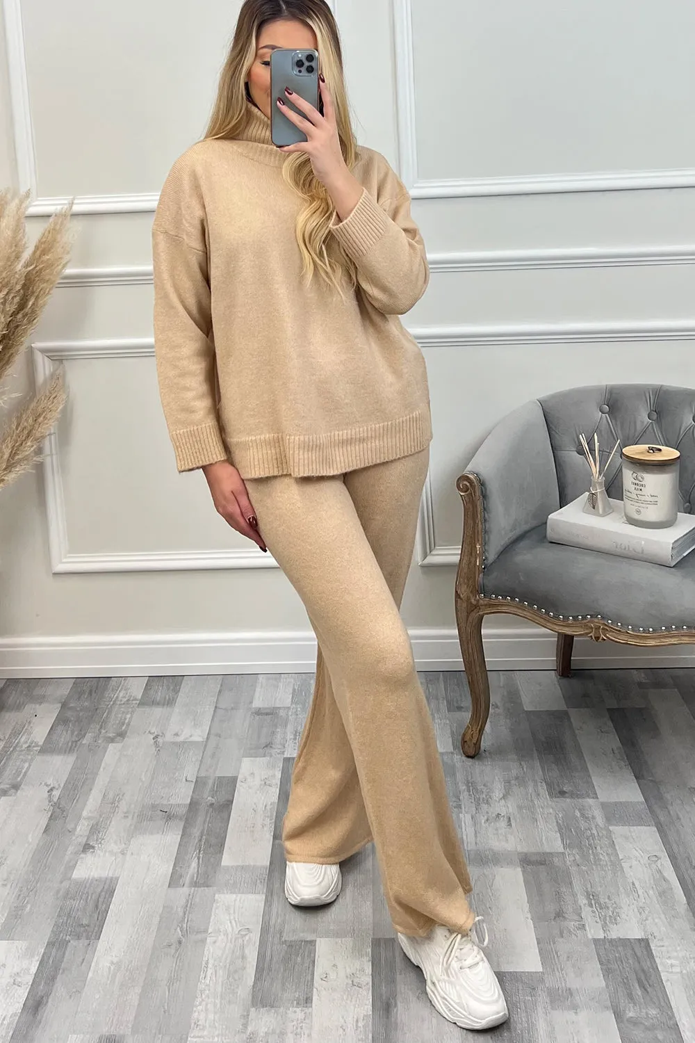 Mina Beige Roll Neck Jumper and Trouser Knitted Loungewear Set
