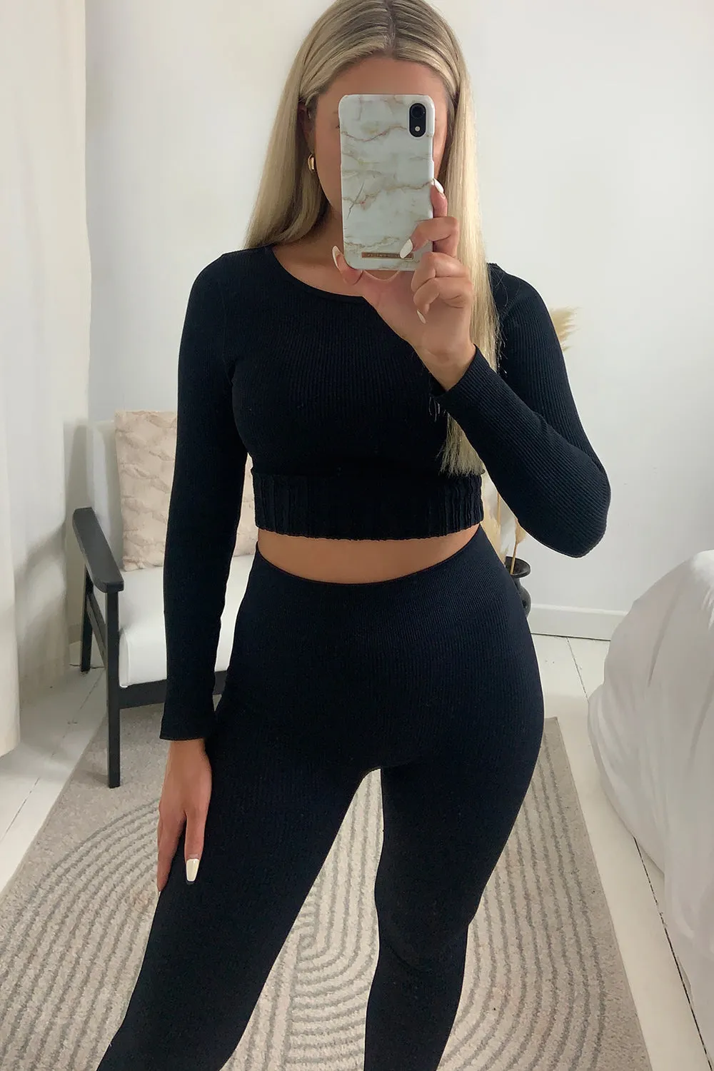 Mollie Black Ribbed Crop Top and Leggings Gym Set