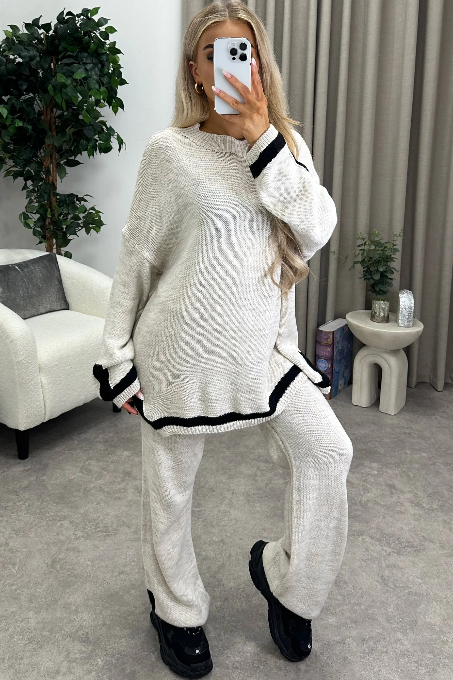 Naila Beige Stripe Contrast Trim Knitted Jumper and Wide Leg Trousers Co-Ord Set