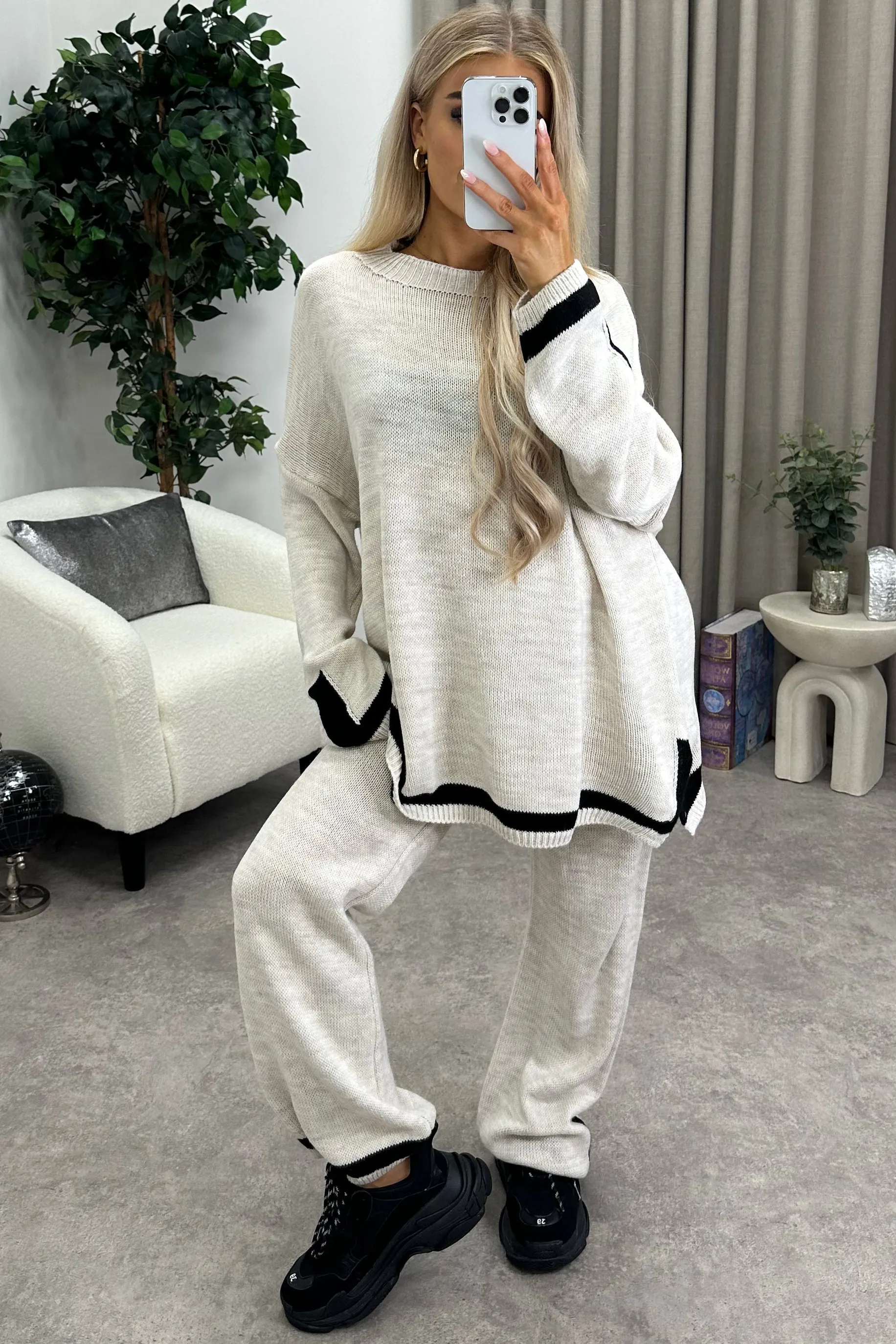 Naila Beige Stripe Contrast Trim Knitted Jumper and Wide Leg Trousers Co-Ord Set