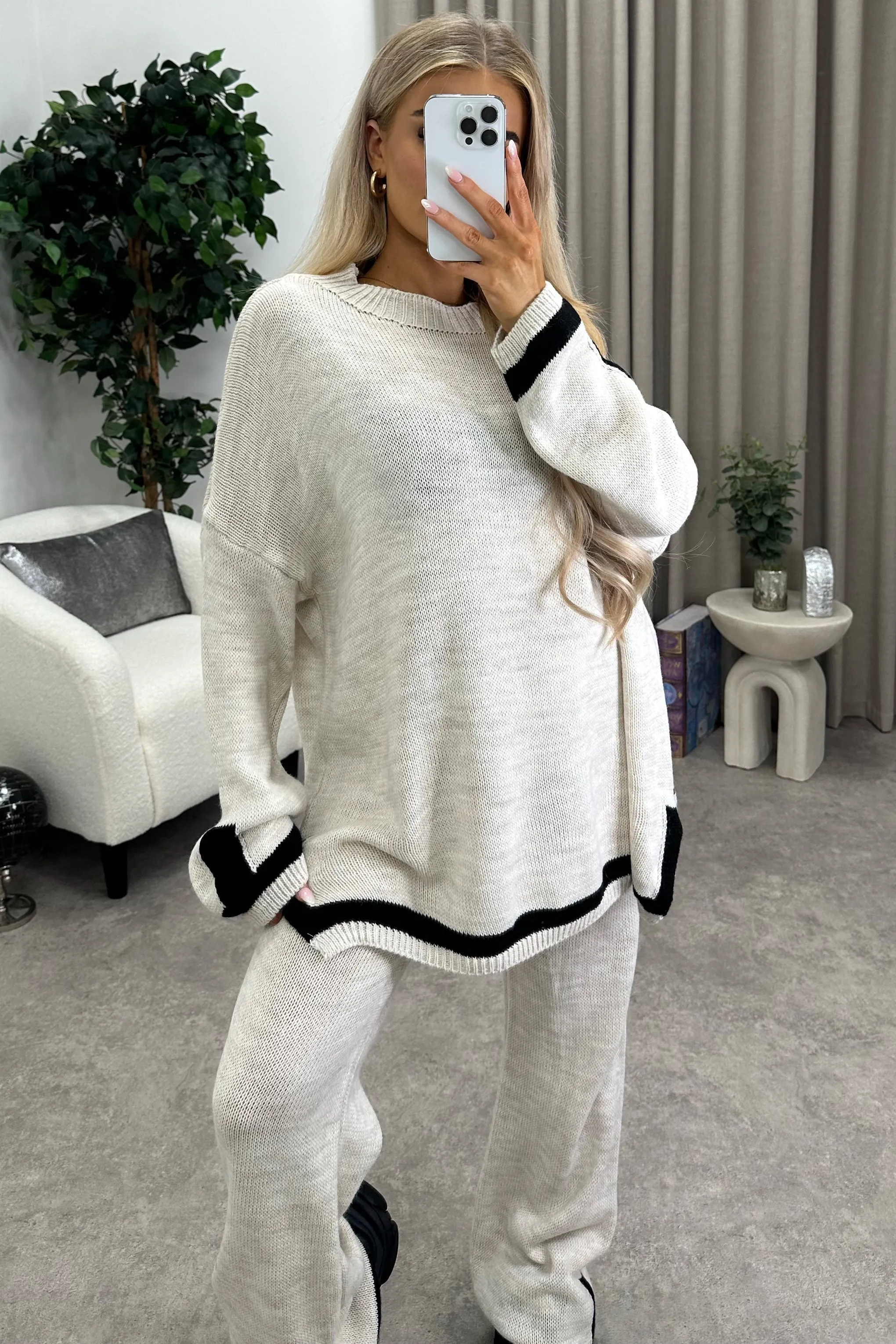 Naila Beige Stripe Contrast Trim Knitted Jumper and Wide Leg Trousers Co-Ord Set