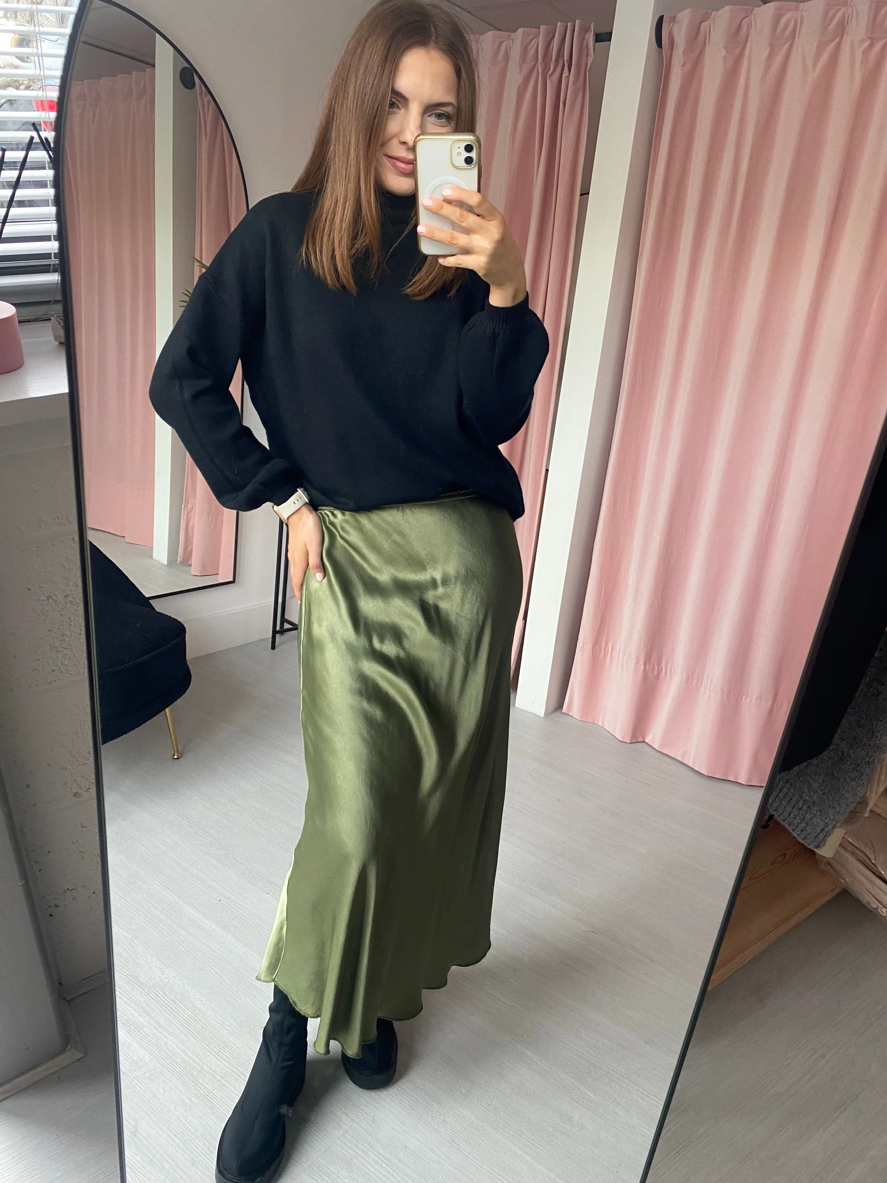Satin Slip Skirt - Khaki