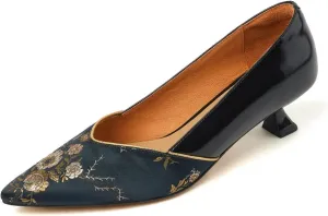 TinaCus Women's Genuine Leather Pointed Toe Embroidery Kitten Heel Floral Pumps Dress Shoes