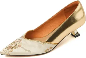 TinaCus Women's Genuine Leather Pointed Toe Embroidery Kitten Heel Floral Pumps Dress Shoes