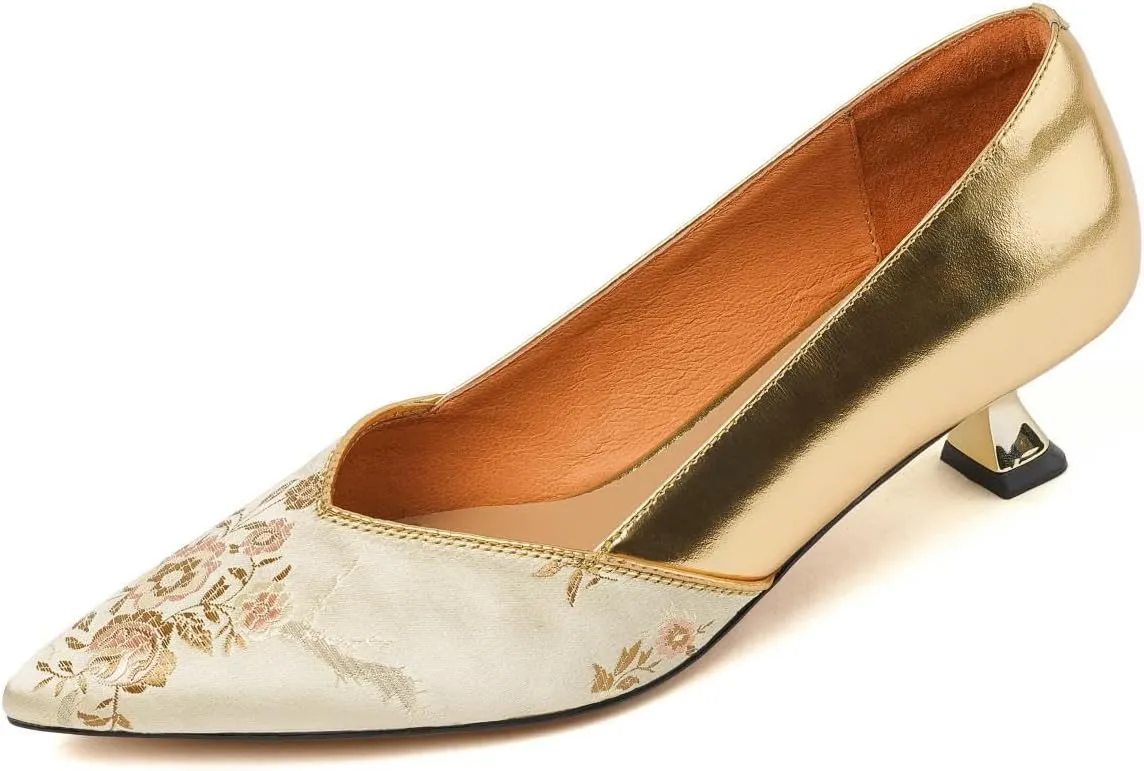 TinaCus Women's Genuine Leather Pointed Toe Embroidery Kitten Heel Floral Pumps Dress Shoes