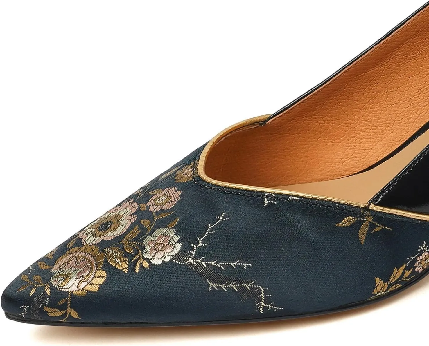 TinaCus Women's Genuine Leather Pointed Toe Embroidery Kitten Heel Floral Pumps Dress Shoes