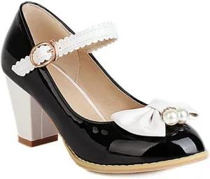 VOKLIN Women's Girls Lolita Sweet Bow Mary Jane Pumps Ankle Strap Platform Block High Heel Oxford Dress Shoes