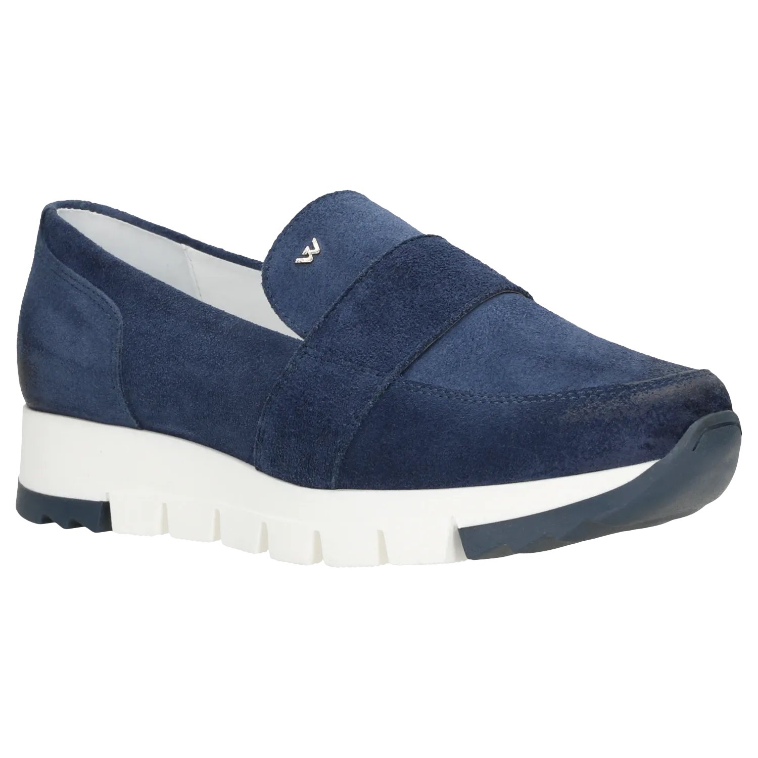 Wojas Dark Blue Leather Loafers with Silver Logo | 4613566