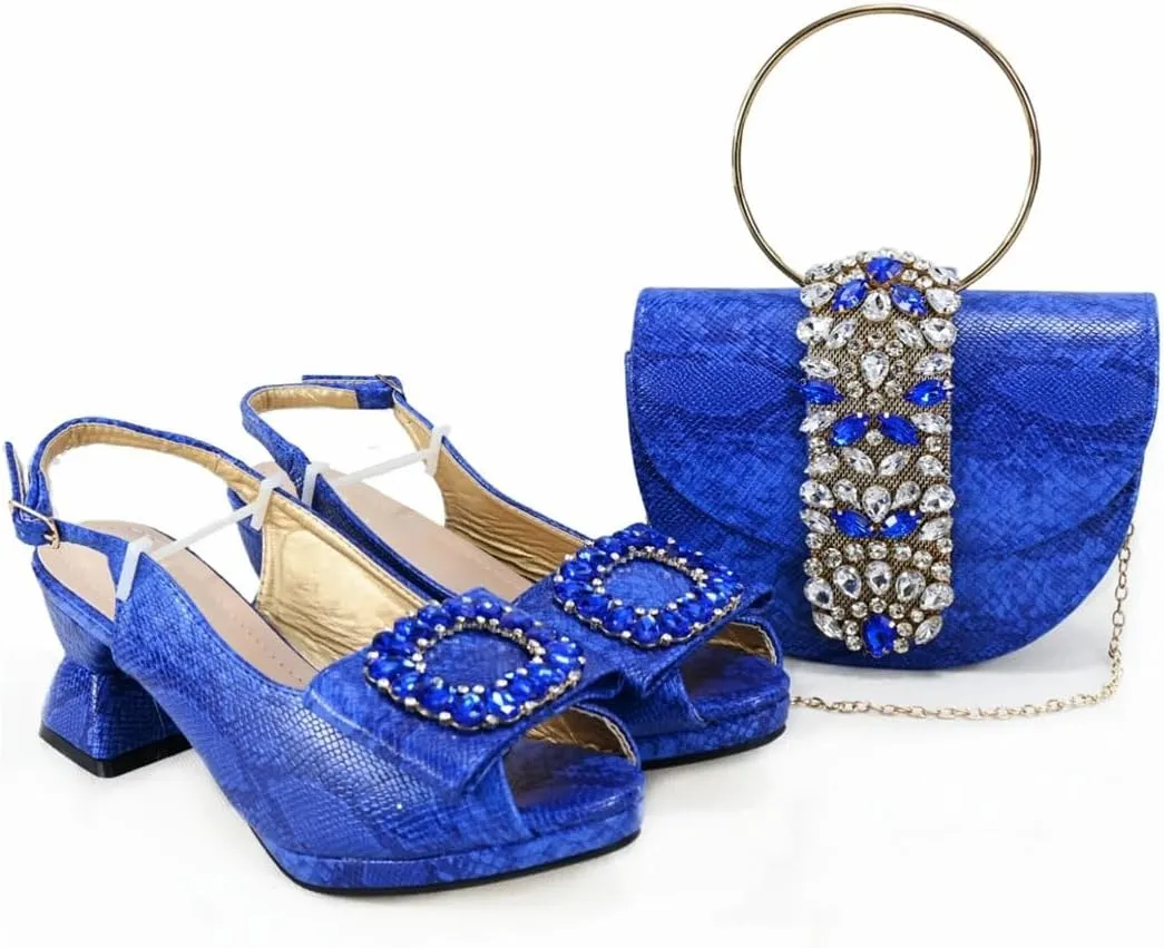 Women's Fashion Peep-Toe Medium Heel Pumps with Matching Bag Thin Heel Buckle Strap Dress Shoes