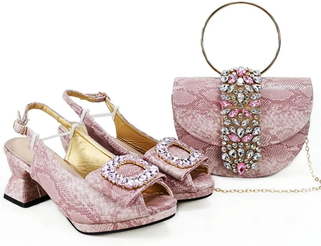 Women's Fashion Peep-Toe Medium Heel Pumps with Matching Bag Thin Heel Buckle Strap Dress Shoes