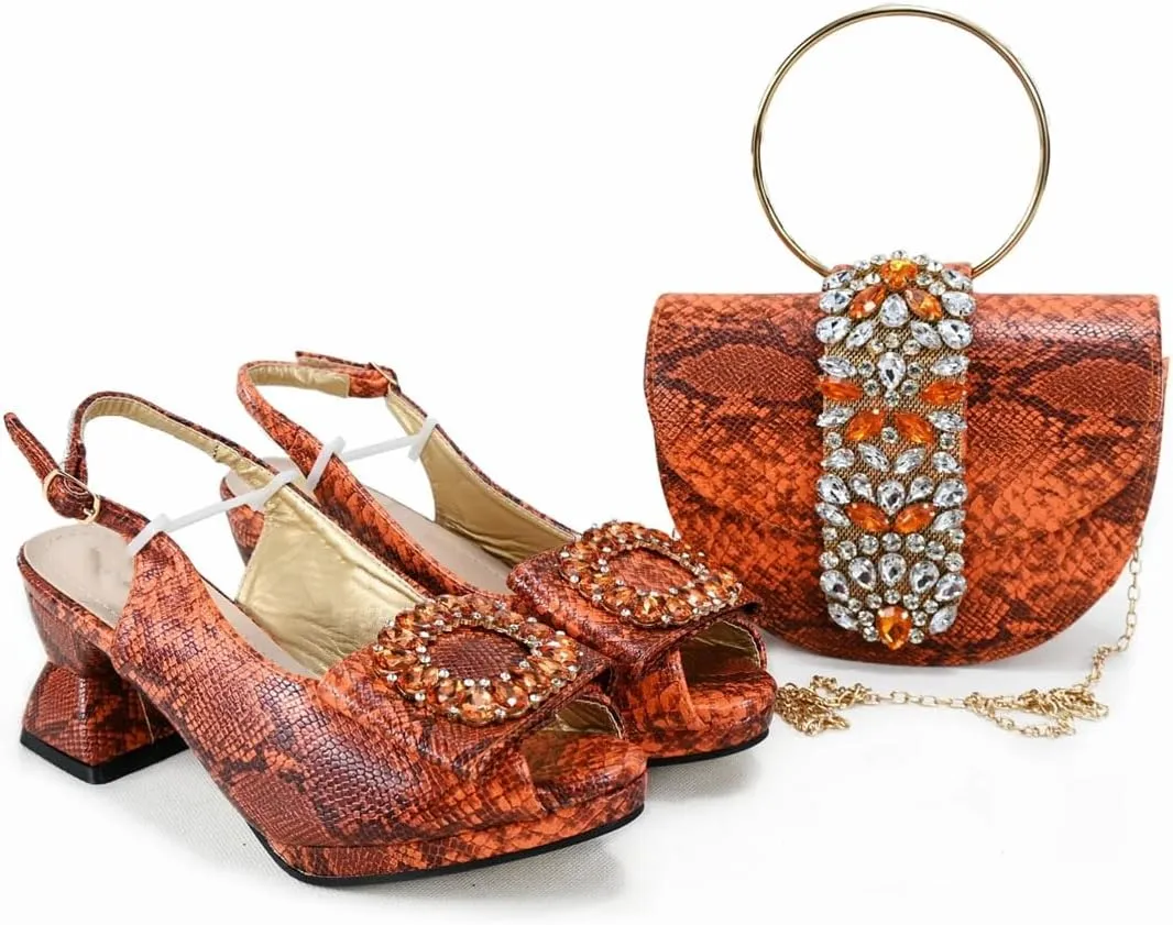 Women's Fashion Peep-Toe Medium Heel Pumps with Matching Bag Thin Heel Buckle Strap Dress Shoes