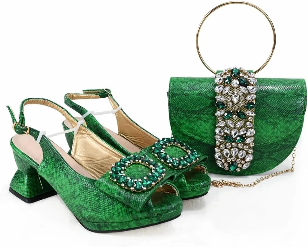 Women's Fashion Peep-Toe Medium Heel Pumps with Matching Bag Thin Heel Buckle Strap Dress Shoes