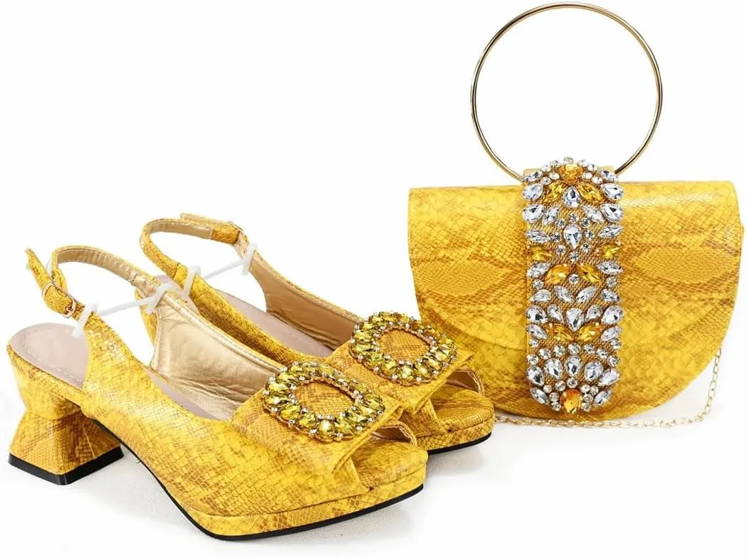 Women's Fashion Peep-Toe Medium Heel Pumps with Matching Bag Thin Heel Buckle Strap Dress Shoes