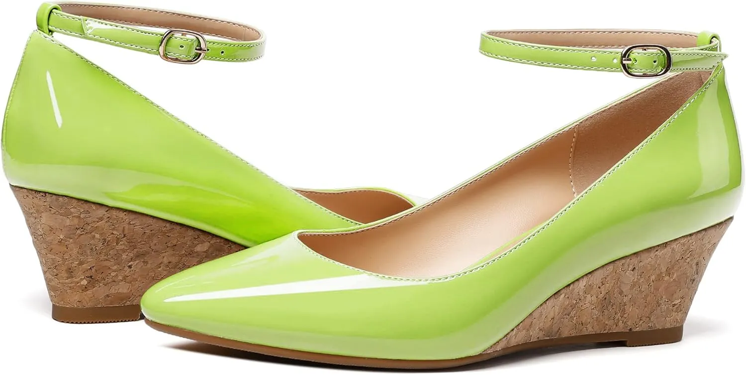 YODEKS Women's Wedge Pump Mid Heel Mary Jane Pointed Toe Shoes with Ankle Strap for Evening Party Dress Casual